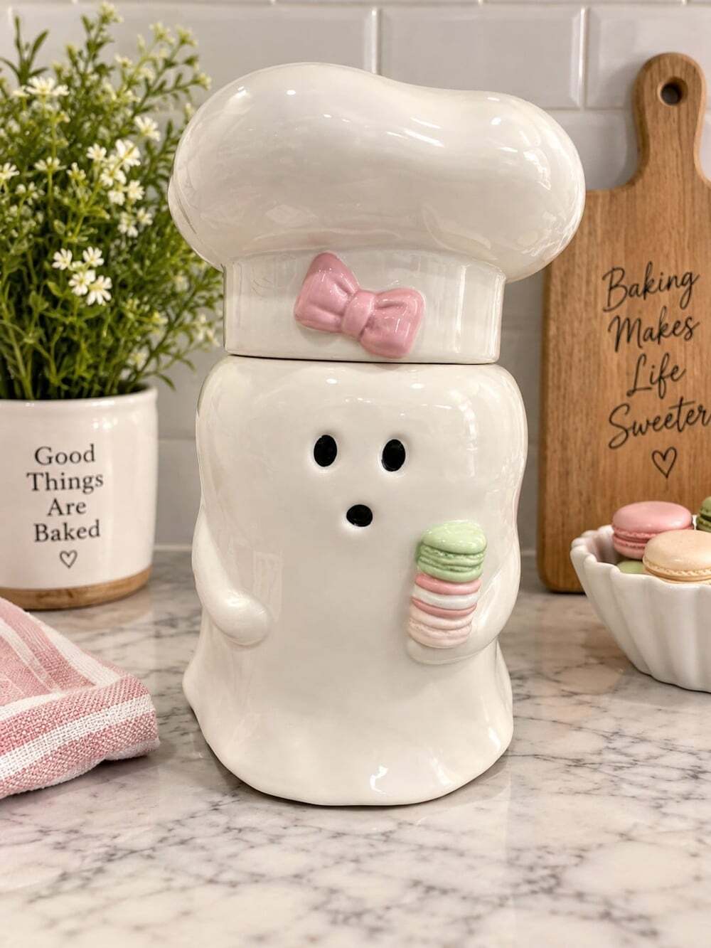 New Halloween Ghost Ceramic Bakery Chef Macaron Pastry Cookie Jar Decorative